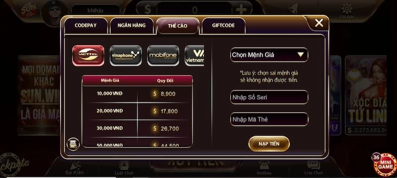 nạp tiền Sunwin qua thẻ cào điện thoại
