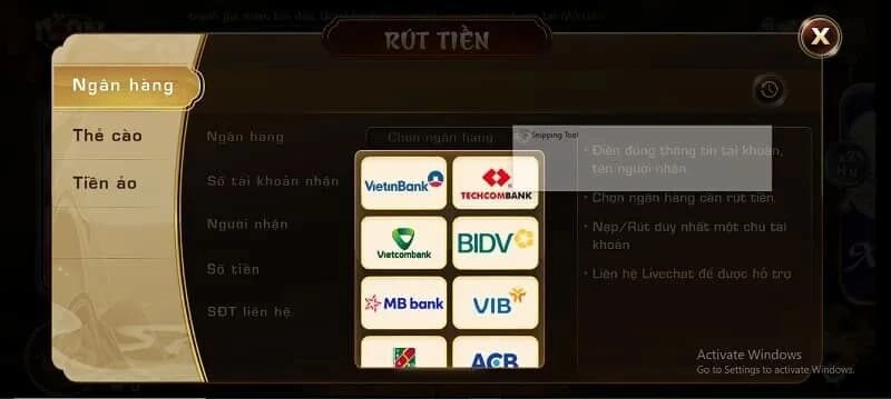 Thủ tục rút tiền iWin qua ngân hàng